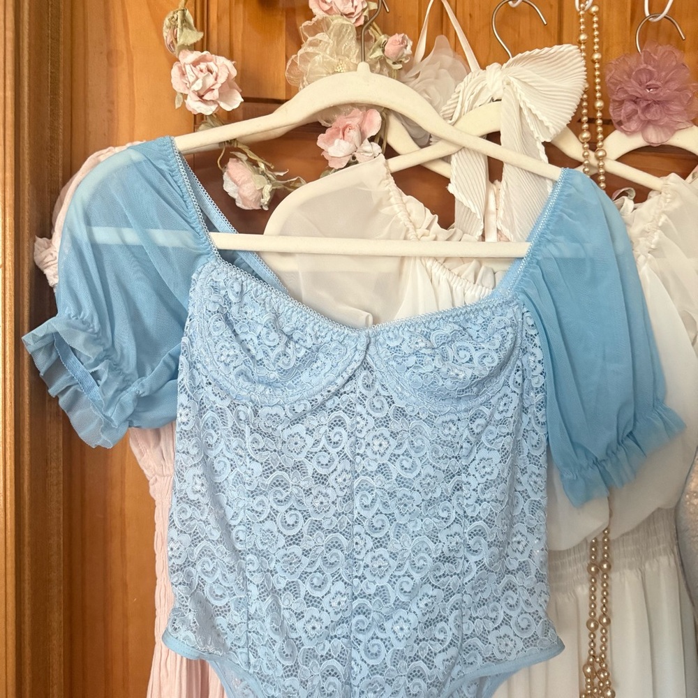 Baby Blue Lace Corset-Esquire Bodysuit - Picture 2 of 6